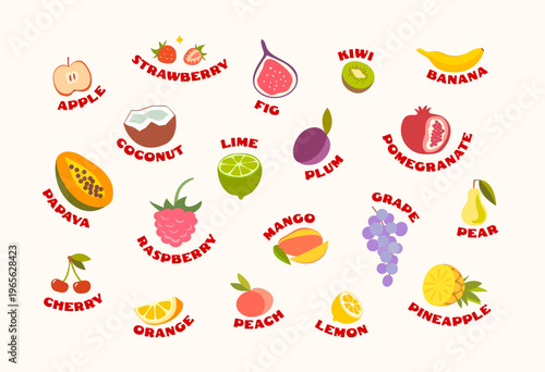 Vibrantly coloured illustrations of fruit and berries with names. Coconut, kiwi, banana, mango, plum, peach. For stickers, children’s educational materials, culinary themes, advertising, packaging
