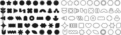 Y2k black silhouettes and lines set. Geometric abstract ink figures in retro style isolated on white background. Set of linocut patterns.