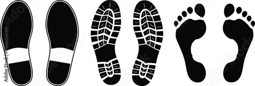 Shoe sole prints and human barefoot footprints set isolated on white background, walking direction tracking concept vector illustration