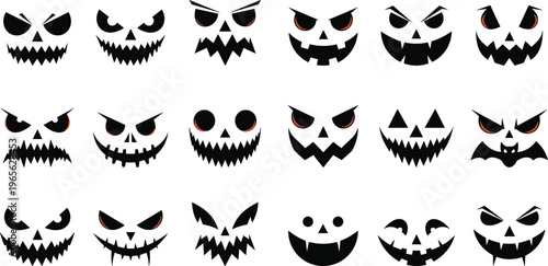 Scary halloween pumpkin faces with evil expressions and red eyes silhouette collection isolated on white background for spooky design set