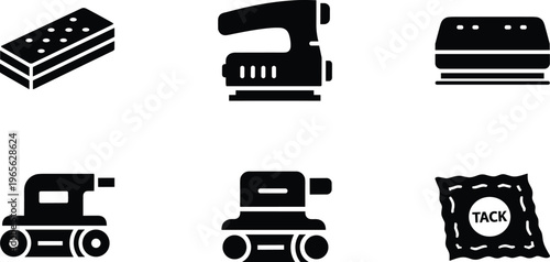 Black silhouette vector set of surface sanding and finishing tools including belt sander, orbital sander, sanding block and tack cloth, icons on white background