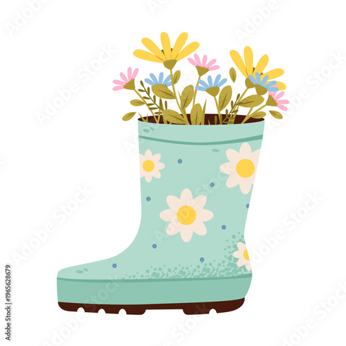 Whimsical illustration of colorful flowers growing inside a decorative rain boot, ideal for spring themes, gardening concepts, and playful designs.