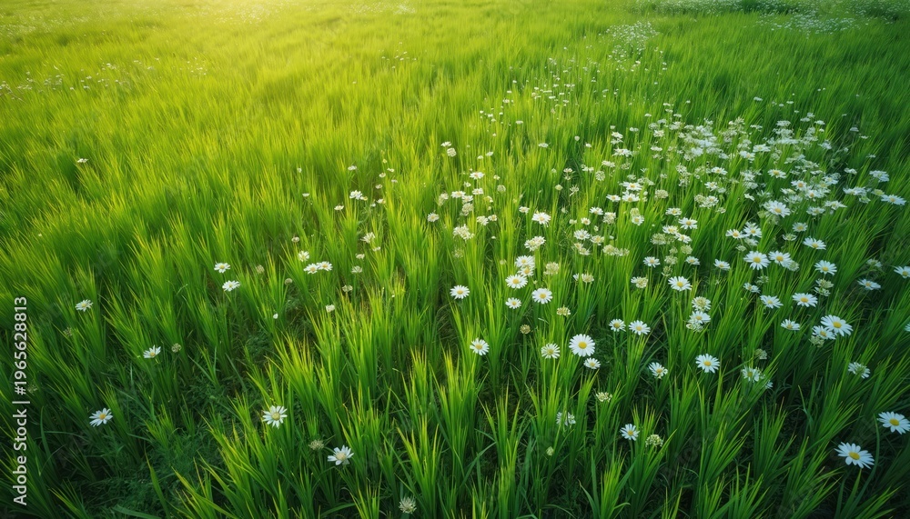 Obraz premium Vast green grass field with small white flowers bathed in warm sunlight. Rich meadow view from above during daytime. Nature scene with flora in bloom.