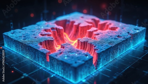 Digital topographic map shows subsurface terrain with glowing geological fault lines. Futuristic scan reveals deep underground strata and rock fissures. Advanced tech visualizes seismic data patterns.