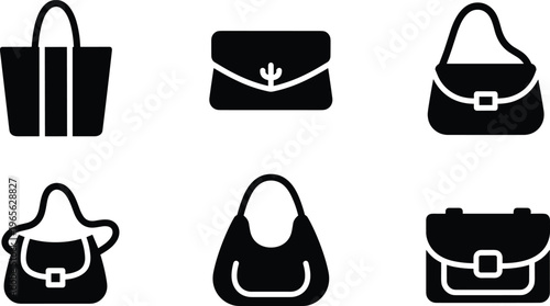 Bold black silhouette collection of women's fashion handbag styles including tote, clutch, hobo and satchel, vector icons isolated on white background
