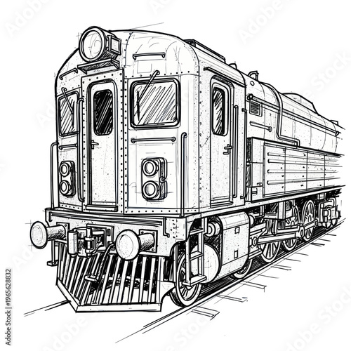 Detailed Line Art Drawing of a Classic Diesel Locomotive Train.