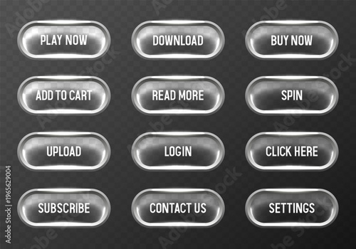 Glass buttons. Big set of vector buttons isolated on transparent background. 3d vector