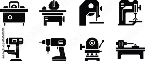 Bold black silhouette collection of workshop power tools isolated on white background, vector icon set in clean grid layout