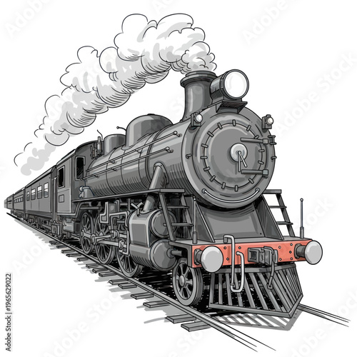 Vintage Steam Train Illustration on Tracks with Smoke.