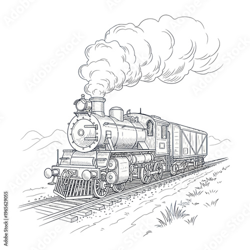 Vintage Steam Train Puffing Smoke on Tracks Coloring Page.