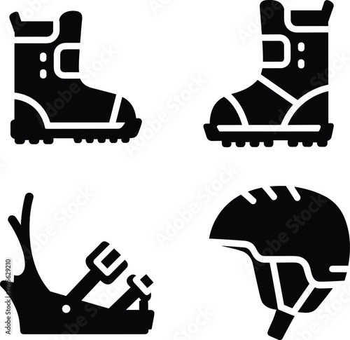 Bold black silhouette symbol collection of snowboarding equipment including snowboard, bindings, snowboard boots and helmet, vector icons isolated on white background