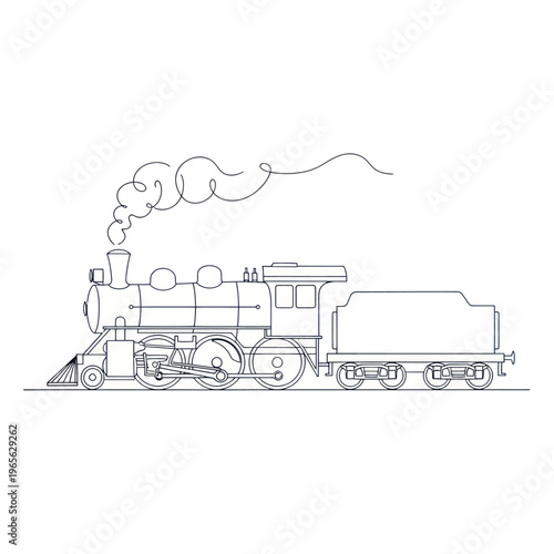 Vintage Steam Train Outline Drawing with Smoke Puffing from Chimney.
