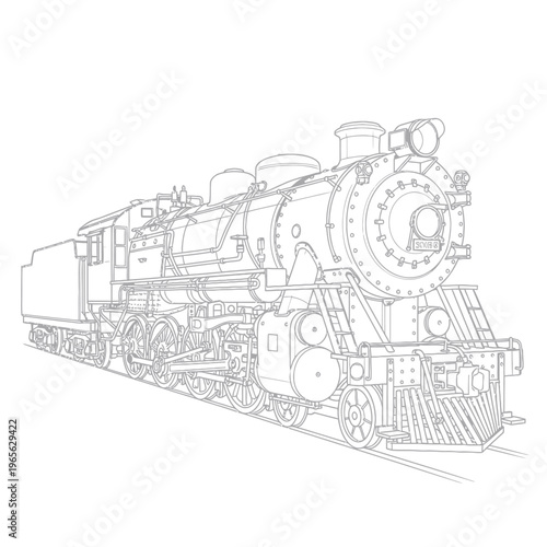 Detailed Line Art Drawing of a Classic Steam Locomotive Train.