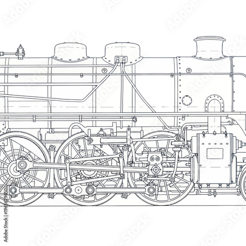 Detailed blueprint drawing of a vintage steam locomotive train.
