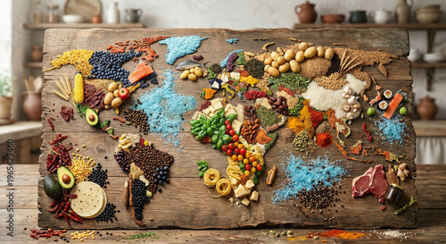 World Map Made of Food Ingredients on a Wooden Table