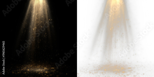 Bright particles float down from above on a clear background creating a glowing effect of light and color at a random time