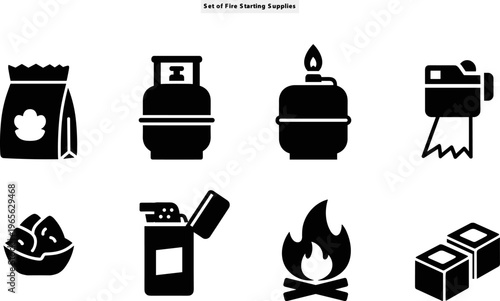 Fire starting supplies silhouette vector collection in a tidy grid, featuring camping fuel items, ignition accessories, and outdoor survival symbols isolated on white background.