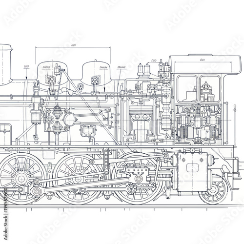 Detailed blueprint of a vintage steam locomotive engine.