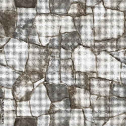 Halftone stone wall texture vintage grunge rock pattern with printed dots. Vector illustration.