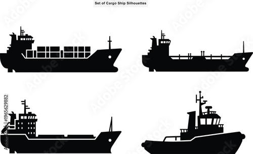 Industrial cargo ship and tugboat silhouette vector pack with bold black freighter tanker and tug vessel shapes isolated on white background