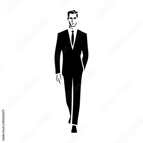 Logo moda de caballero. Dibujo minimalista con la silueta de un hombre andando con traje, camisa y corbata, visto de frente