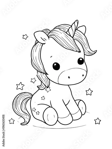 A cute unicorn with stars and sparkles coloring page.