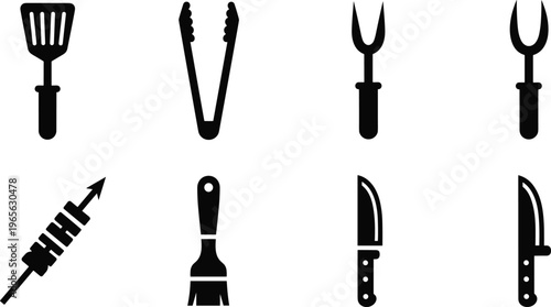 Silhouette icon collection of barbecue grilling utensils including spatula, tongs, meat fork, skewer, basting brush and knife, vector symbols on white background