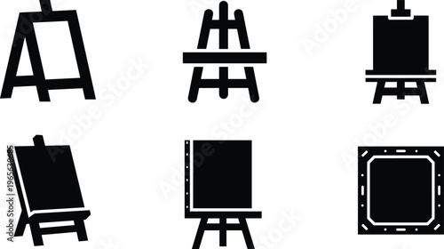 Silhouette icon pack of artist easel and canvas frame styles in bold black vector, display stand symbols isolated on white background in grid layout
