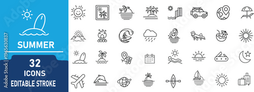 Summer Vacation and Travel Line Icons Set.Contain to related icons  Beach, Surfing, Sun, Island, Airplane, Camping, Holiday and Tourism Editable Stroke Vector Collection