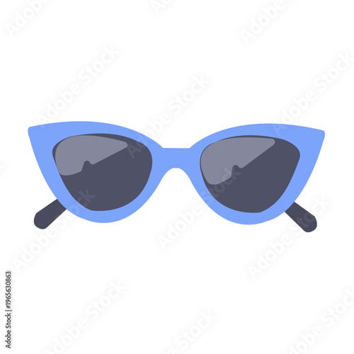 Stylish cat eye sunglasses with blue frame in modern flat cartoon vector style..