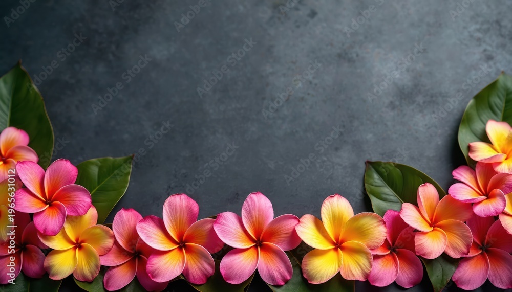 Fototapeta premium Colorful plumeria flowers with green leaves line the bottom edge against a dark textured background. This tropical floral arrangement offers ample copy space.