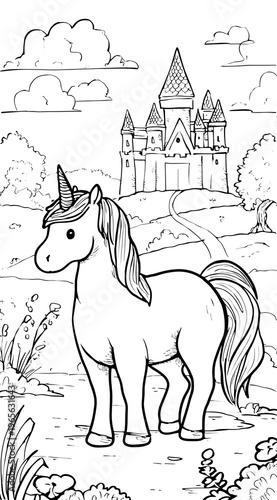 A cute unicorn with a castle coloring page.