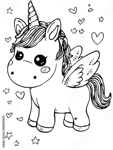A cute unicorn with stars and sparkles coloring page.