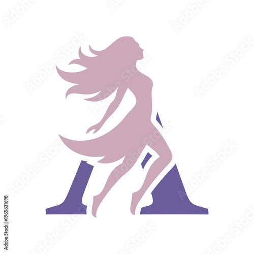 Logotipo de boutique de moda. Dibujo sencillo con la silueta de una mujer de perfil con un vestido y cabello suelto con letra A
