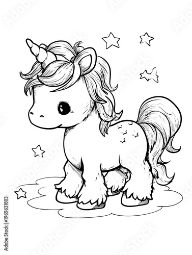 A cute unicorn with stars and sparkles coloring page.