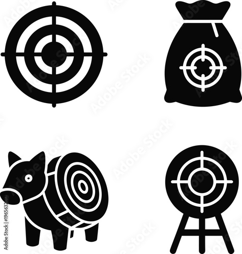 Black silhouette vector collection of shooting range target icons including crosshair, bullseye, sandbag and standing target, symbols on white background