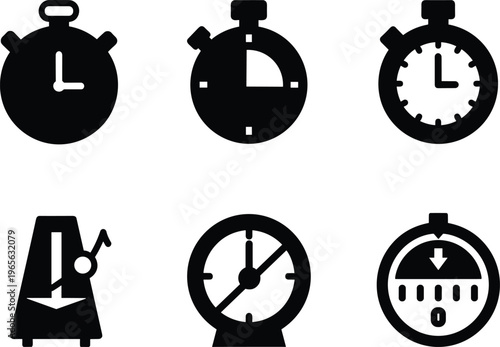 Black silhouette vector collection of stopwatch and timer icons including metronome and countdown clock styles, symbols isolated on white background grid