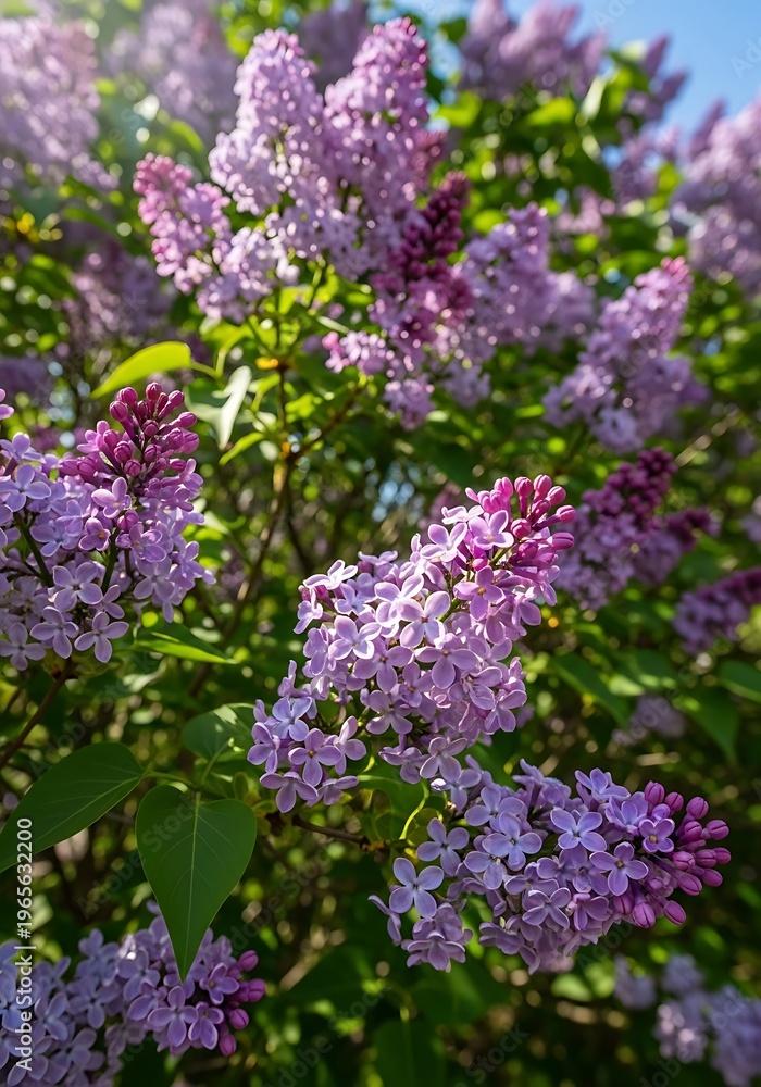 Obraz premium Close-up of vibrant purple lilac flowers blooming in sunlight.