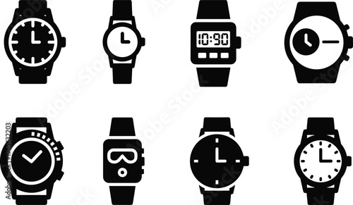 Black silhouette vector icon set of diverse wristwatch designs including analog, digital, chronograph and dive styles, symbols isolated on white background grid