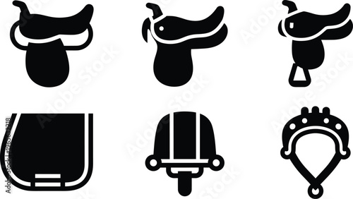 Black silhouette vector pack of horse saddle styles including western, english saddle pad and bridle ornament, icons isolated on white background