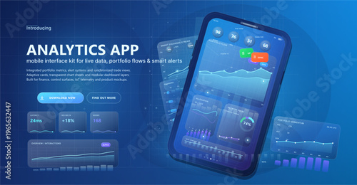 Futuristic mobile analytics app hero banner with smartphone dashboard, live portfolio metrics, trading signals, smart alerts, and glowing fintech interface panels in a blue gradient scene.
