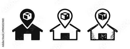 Home delivery location icon set in solid, outline, and hand-drawn styles