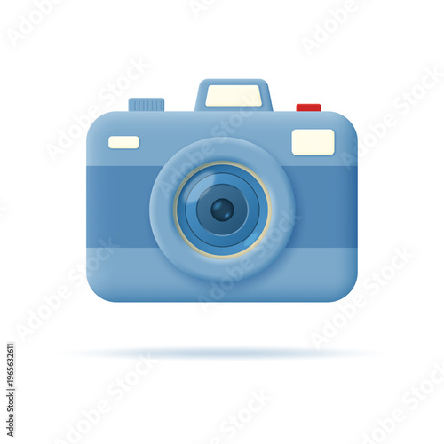 Minimalist camera with a lens and button isolated on a light background. Vector 3D illustration.