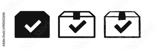Package delivered or confirmed icon set in various styles for success and completion