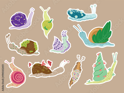 Whimsical Snail Sticker Set: Hand Drawn Fantasy Snails Collection