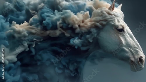 Abstract equestrian image white horse with colorful smoke effect
