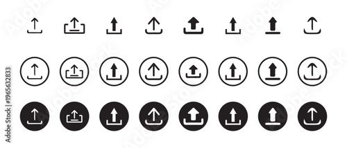 Set of upload arrow icons in various styles outline filled and circular container shapes