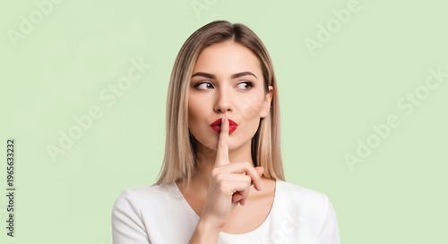 Blonde Woman Shushing with Finger to Lips on Mint Green Background