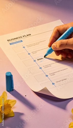 Printed business plan document on a purple desk with a hand circling a timeline goal using a blue marker for startup investment pitch and corporate growth strategy