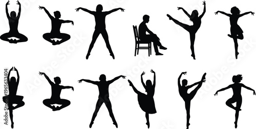 Dance and ballet silhouettes collection featuring dancers performing various poses, artistic movement illustration set, performance and choreography isolated on white background